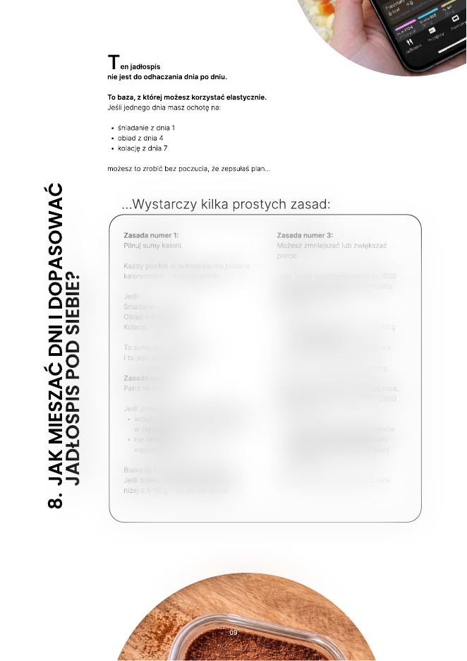 Podgląd instrukcji dopasowania jadłospisu — szczegóły celowo zamazane